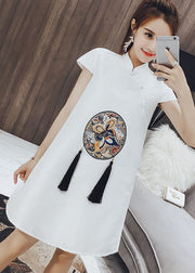 Beautiful White Stand Collar Print Tassel Button Cotton Mid Dresses Short Sleeve