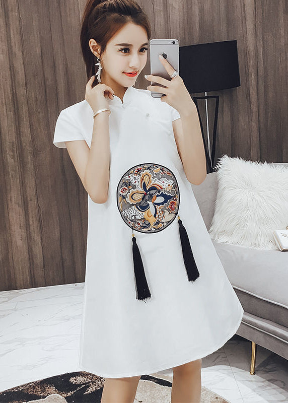 Beautiful White Stand Collar Print Tassel Button Cotton Mid Dresses Short Sleeve