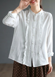 Beautiful White Stand Collar Ruffled Patchwork Cotton Blouse Tops Spring