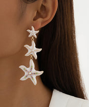 Beautiful White Sterling Silver Overgild Pearl Starfish Tulle Drop Earrings