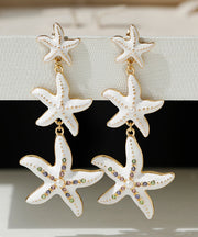 Beautiful White Sterling Silver Overgild Pearl Starfish Tulle Drop Earrings