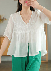 Beautiful White V Neck Embroideried Patchwork Button Linen Shirt Half Sleeve