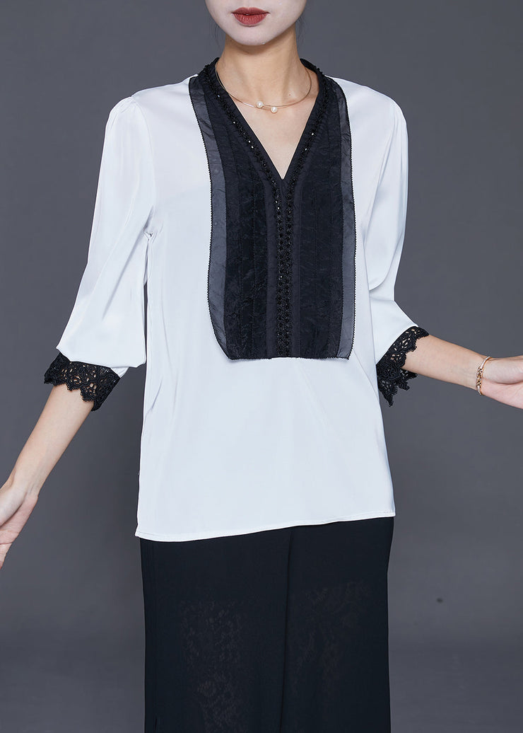 Beautiful White V Neck Patchwork Lace Silk Shirts Fall