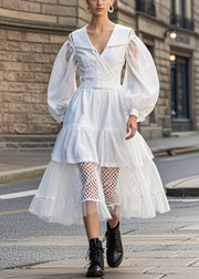 Beautiful White V Neck Patchwork Tulle Cotton Dress Puff Sleeve