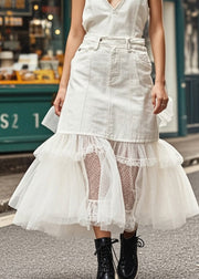 Beautiful White V Neck Patchwork Tulle Denim Dresses Summer