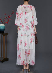 Beautiful White V Neck Print Chiffon Beach Dress Spring