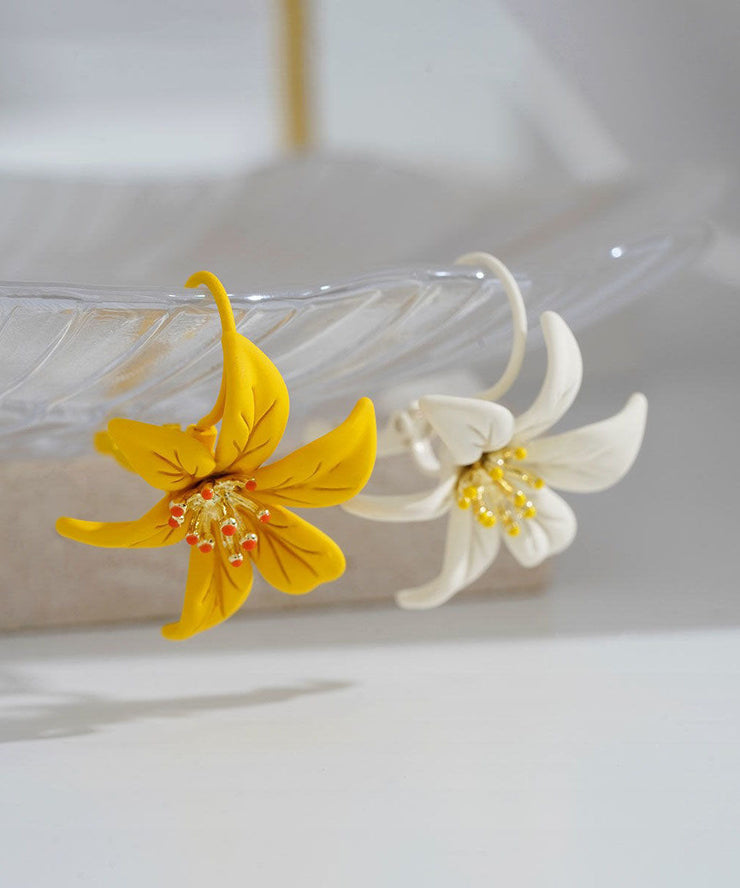 Beautiful Yellow Asymmetricar Lily Floral Stud Earrings