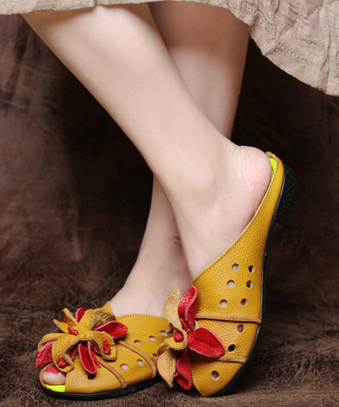 Beautiful Yellow Flower Hollow Out Cowhide Leather Flip Flops