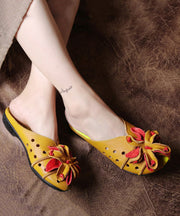 Beautiful Yellow Flower Hollow Out Cowhide Leather Flip Flops