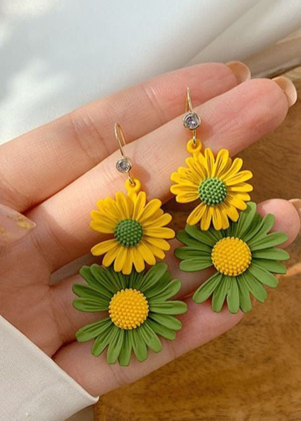 Beautiful Yellow Green Daisy Metal Drop Earrings