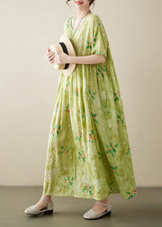 Beautiful Yellow Green Print Wrinkled Cotton Long Dress Summer