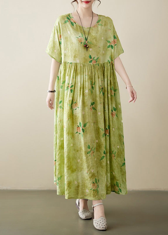 Beautiful Yellow Green Print Wrinkled Cotton Long Dress Summer