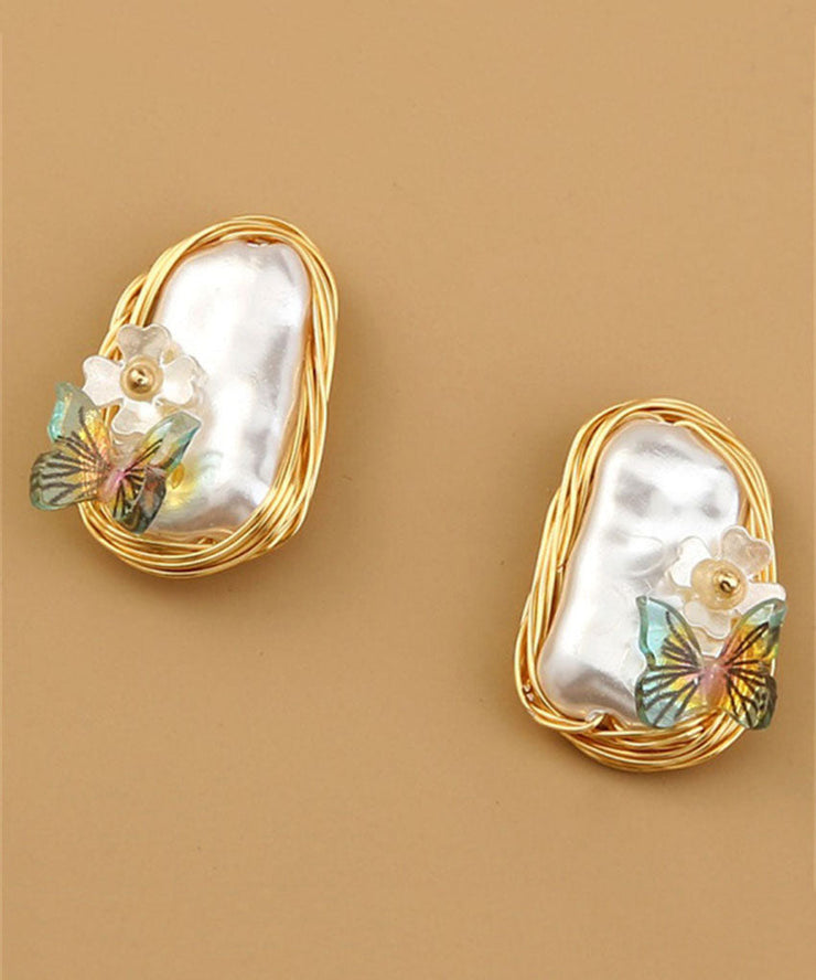 Beautiful Yellow Handmade Pearl Butterfl Floral Stud Earrings