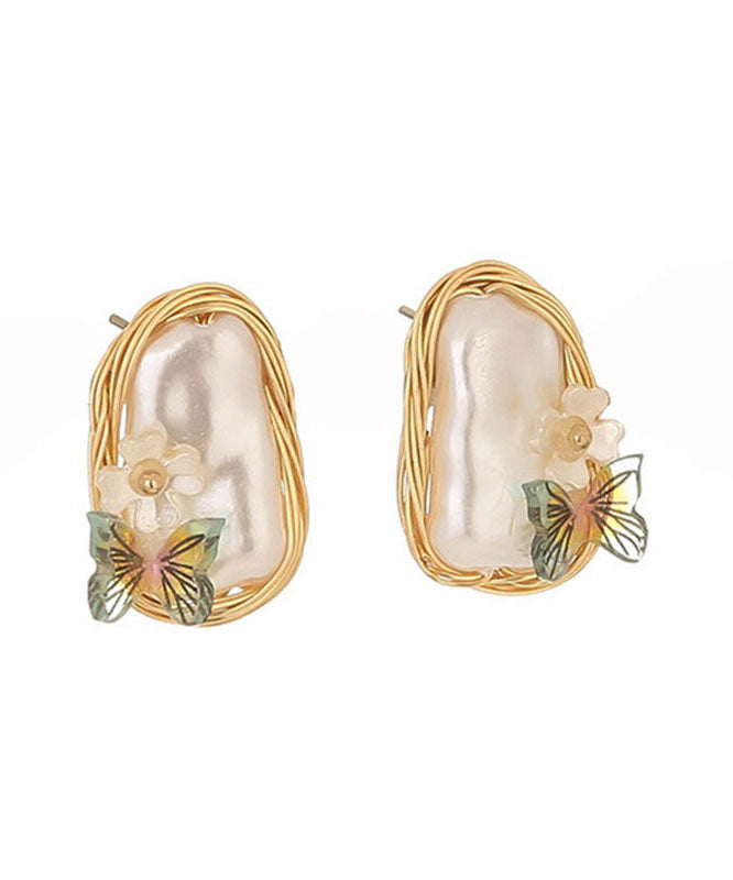 Beautiful Yellow Handmade Pearl Butterfl Floral Stud Earrings