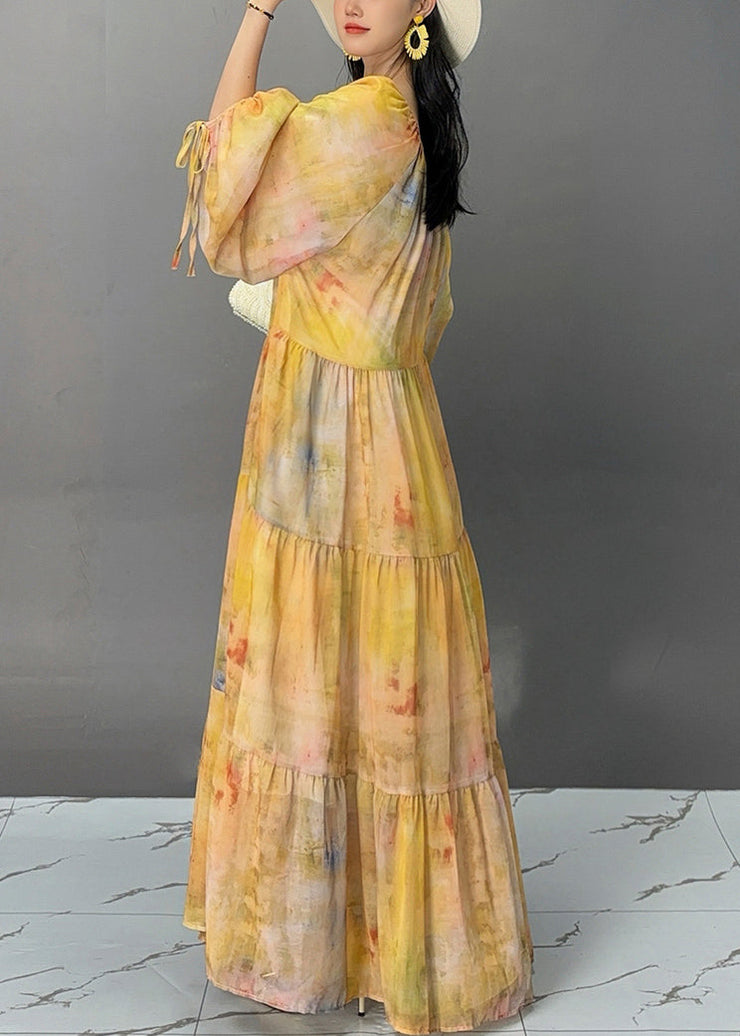 Beautiful Yellow Lace Up Patchwork Cotton Maxi Dresses Fall