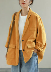 Beautiful Yellow Notched Pockets Patchwork Cotton Coats Spring