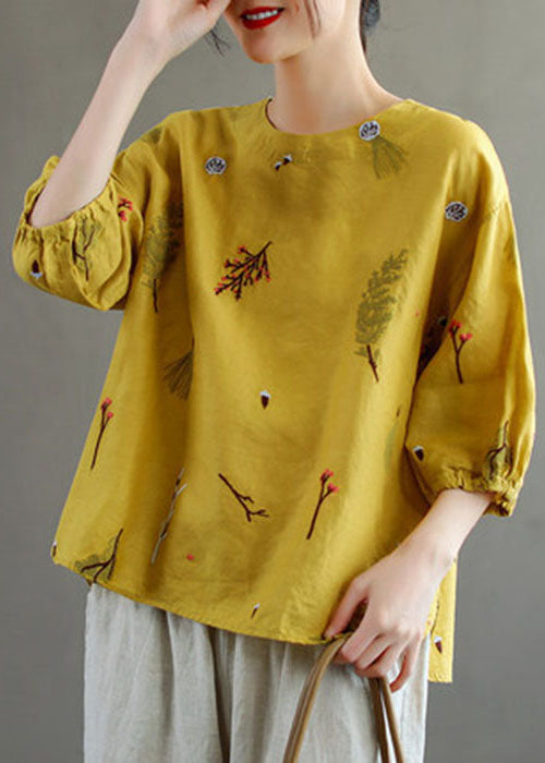 Beautiful Yellow O-Neck Embroideried Linen Tank Top Lantern Sleeve