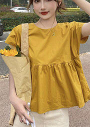 Beautiful Yellow O-Neck Patchwork Bow Cotton Shirt Top Short Sleeve