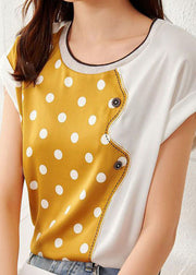 Beautiful Yellow O Neck Patchwork Print Silk Top Summer