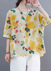 Beautiful Yellow O Neck Print Patchwork Linen Tops Summer