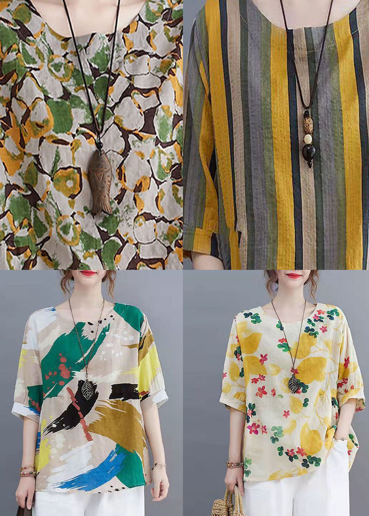 Beautiful Yellow O Neck Print Patchwork Linen Tops Summer