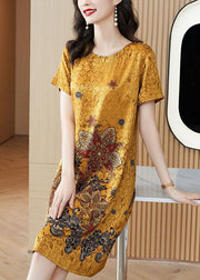 Beautiful Yellow O-Neck Print Silk Robe Dresses Summer