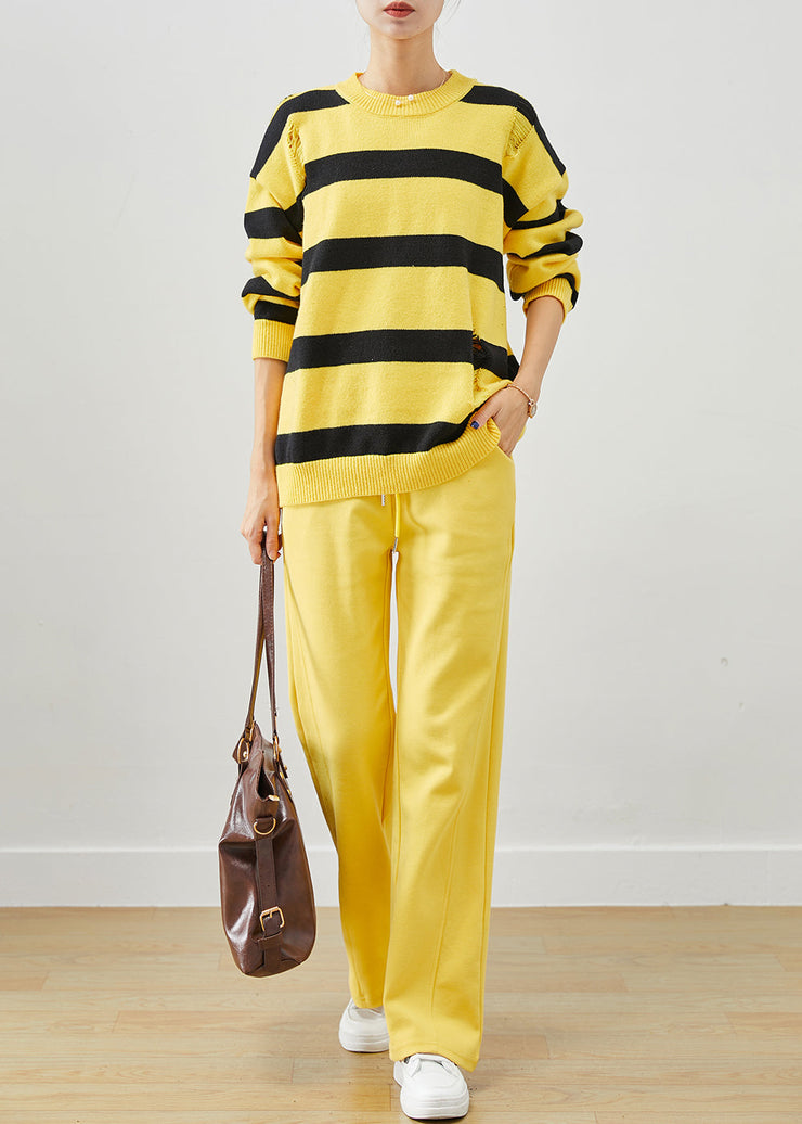 Beautiful Yellow Oversized Striped Knit Ripped Two Pieces Set Fall