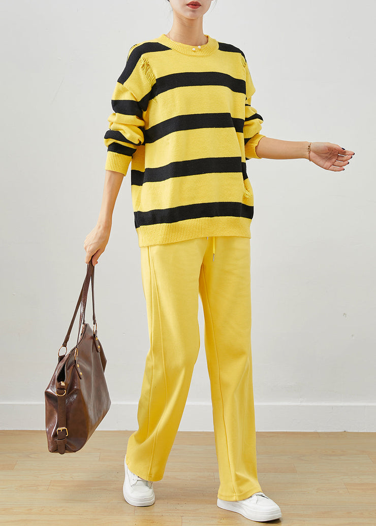 Beautiful Yellow Oversized Striped Knit Ripped Two Pieces Set Fall