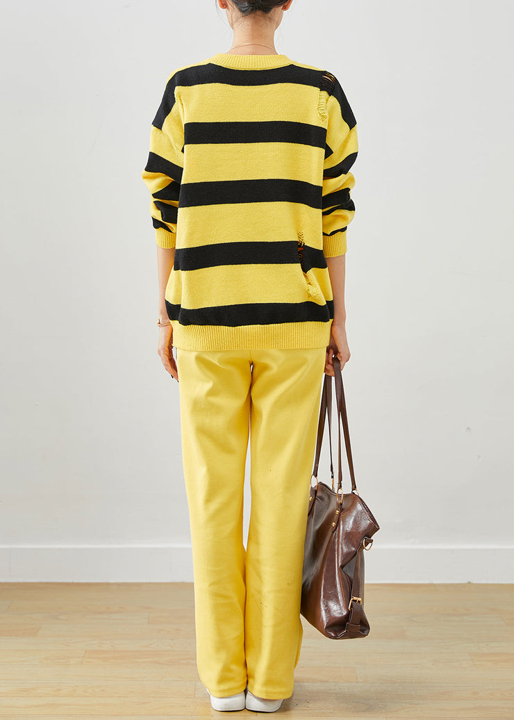 Beautiful Yellow Oversized Striped Knit Ripped Two Pieces Set Fall