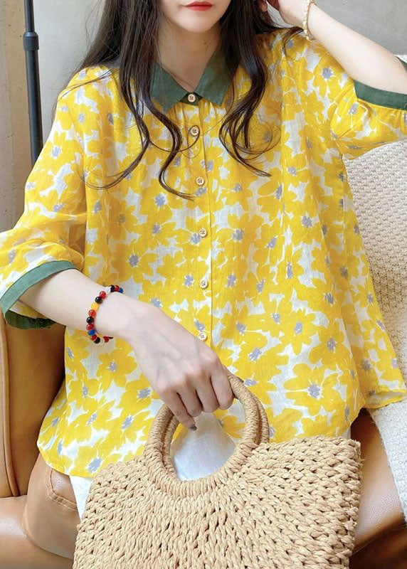 Beautiful Yellow Peter Pan Collar Print Linen Shirt Tops Bracelet Sleeve