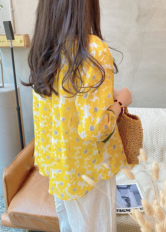 Beautiful Yellow Peter Pan Collar Print Linen Shirt Tops Bracelet Sleeve