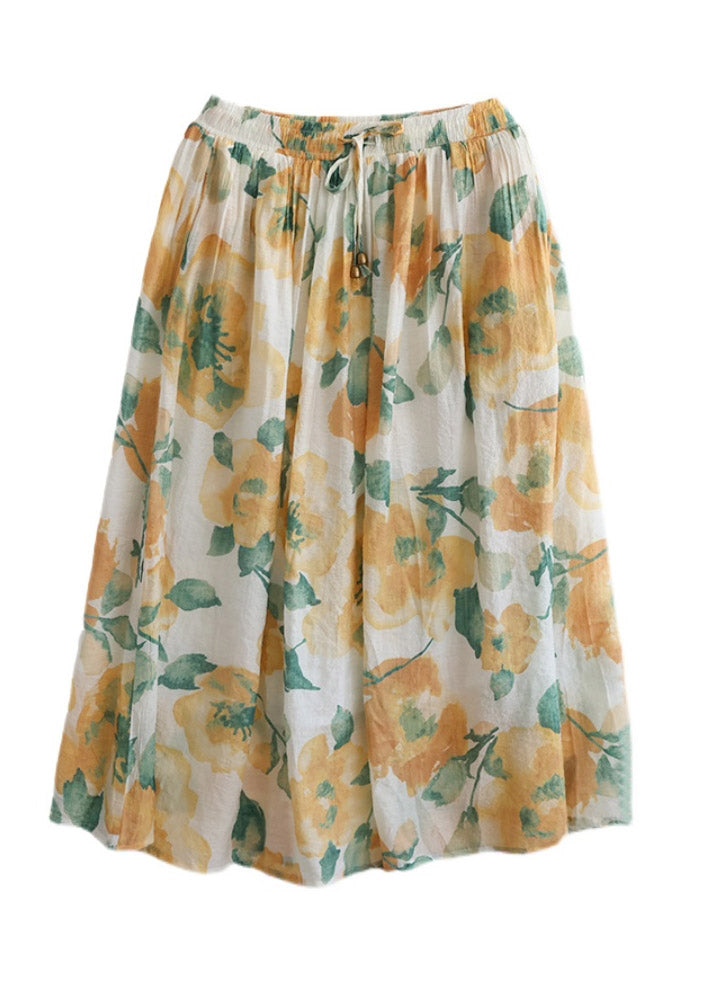 Beautiful Yellow Print Elastic Waist Maxi Skirt