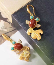 Beautiful Yellow Sterling Silver Overgild Agate Zircon Turquoise Goldfish Drop Earrings