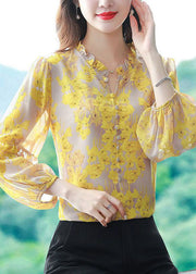 Beautiful Yellow V Neck Print Chiffon Top Lantern Sleeve