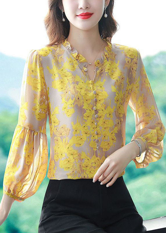 Beautiful Yellow V Neck Print Chiffon Top Lantern Sleeve