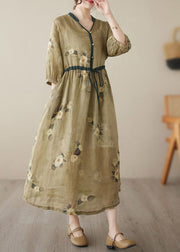 Beautiful Yellow V Neck Print Wrinkled Tie Waist Linen Long Dresses Summer