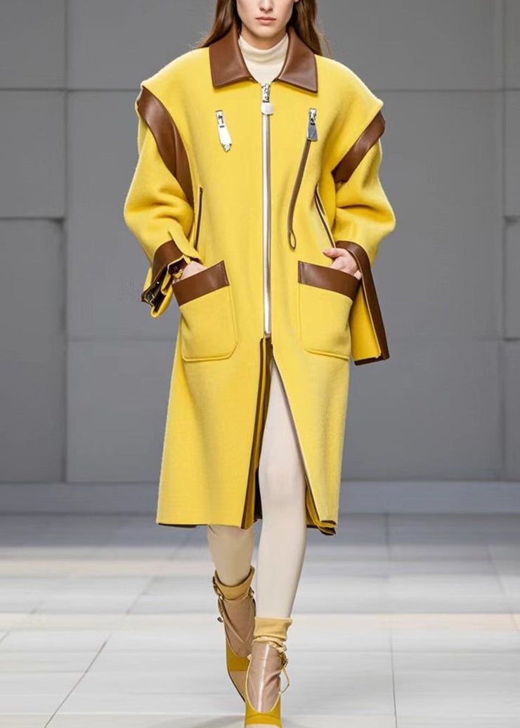 Beautiful Yellow Zip Up Patchwork Pockets Woolen Coats Fall