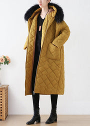 Beautiful Yellow Zippered Warm Hooded Long Parka Winter