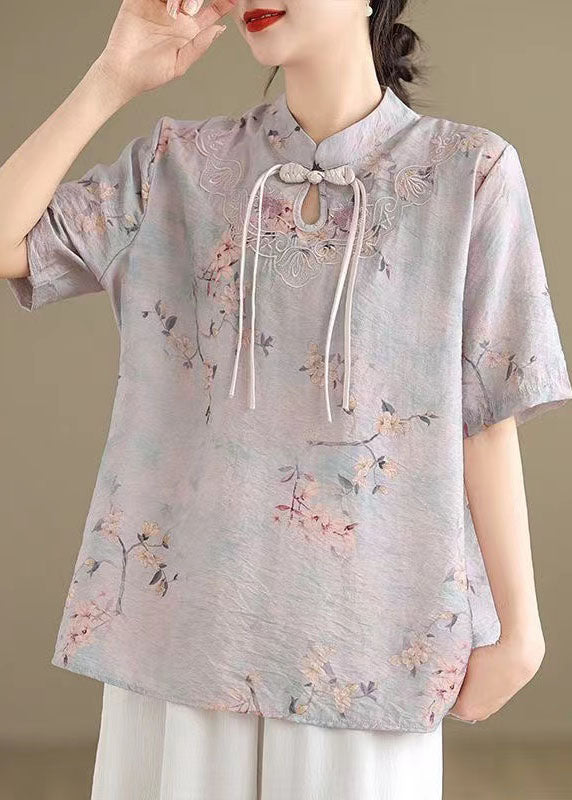 Beautiful light Purple Tasseled Print Cotton Top Short Sleeve