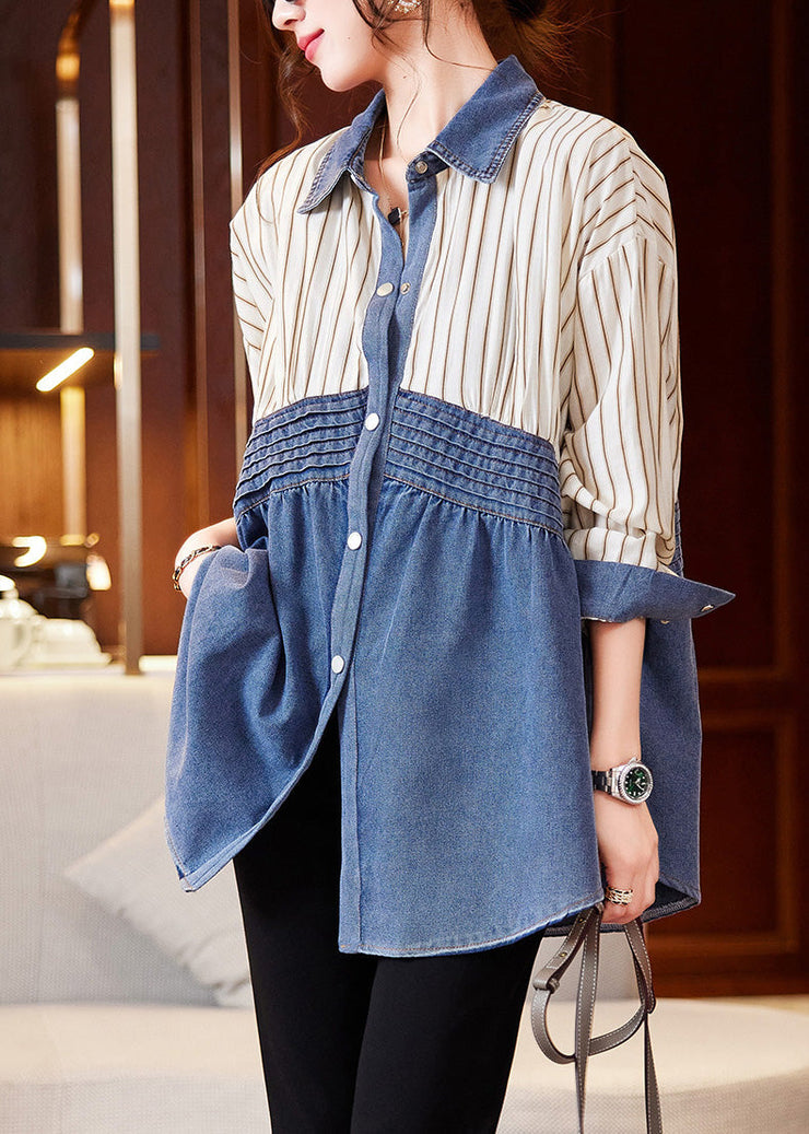 Beige Blue Striped Denim Patchwork Shirts Spring