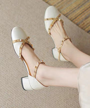 Beige Buckle Strap Cowhide Leather Rivet Baotou Sandals