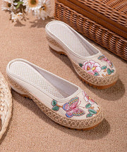 Beige Butterfly Embroideried Splicing Linen Fabric Slide Sandals Women