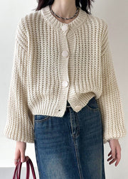 Beige Button Cotton Knit Cardigan O Neck Long Sleeve