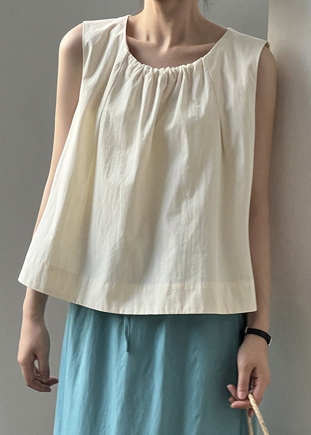 Beige Button Solid Cotton Tops O-Neck Summer