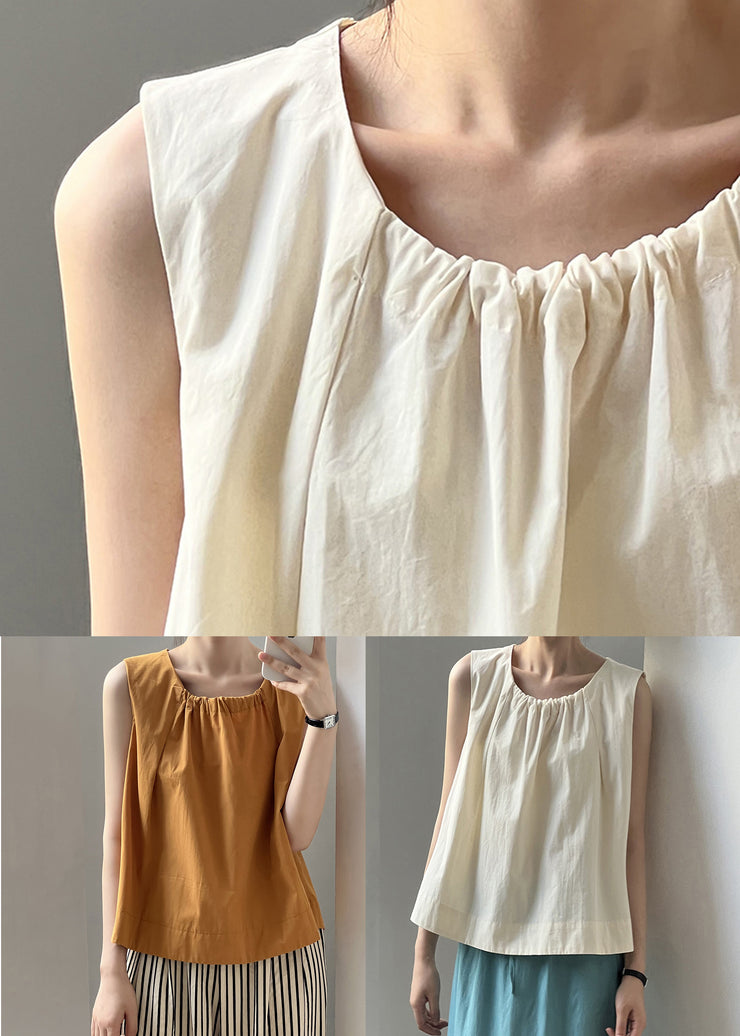 Beige Button Solid Cotton Tops O-Neck Summer