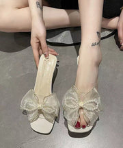 Beige Chunky Heels DIY Bow Pearl Splicing Slide Sandals