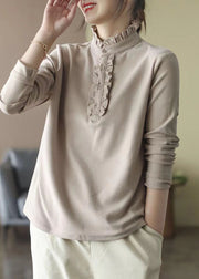 Beige Cotton Blouses Stand Collar Wrinkled Spring