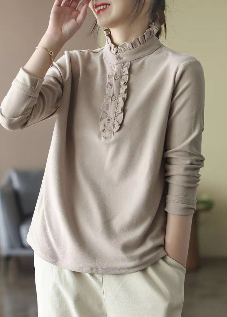 Beige Cotton Blouses Stand Collar Wrinkled Spring