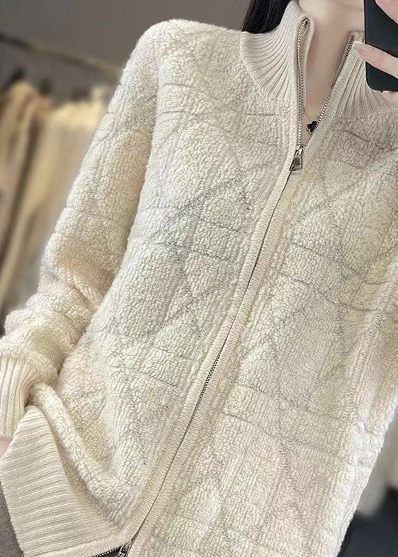 Beige Cozy Patchwork Wool Coats Stand Collar Long Sleeve