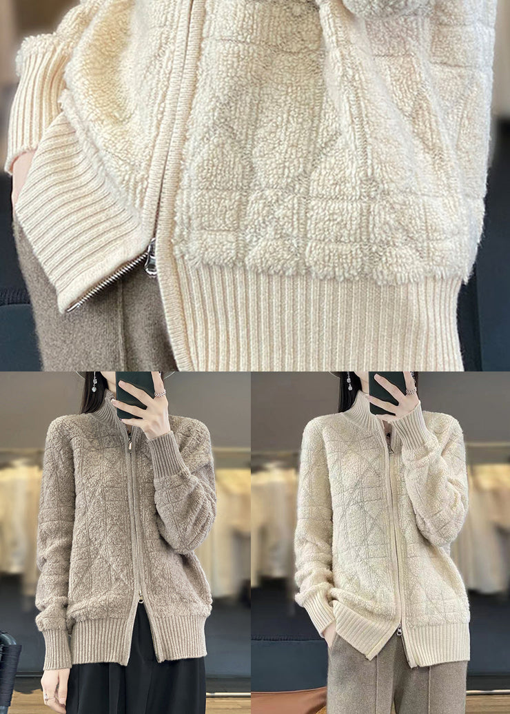 Beige Cozy Patchwork Wool Coats Stand Collar Long Sleeve